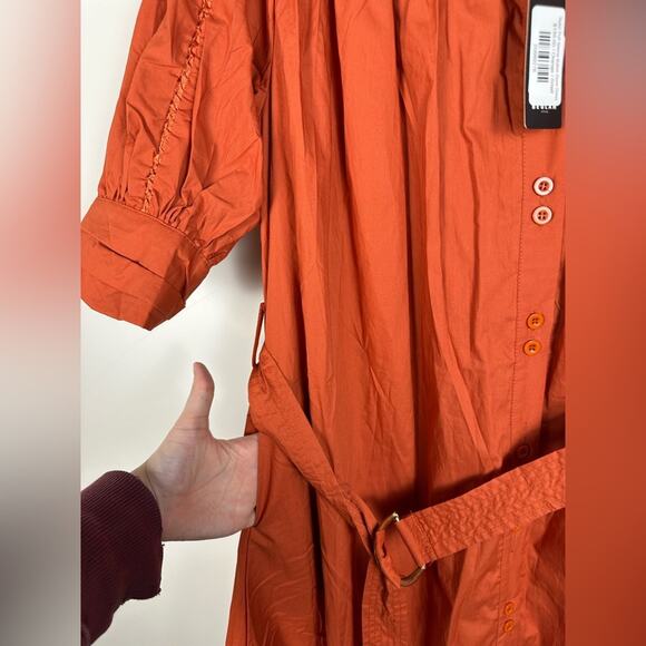 NWT Beulah Button Front Midi Shirt Dress Puff Sleeve Taylor Dress Orange Small - Picture 8 of 9